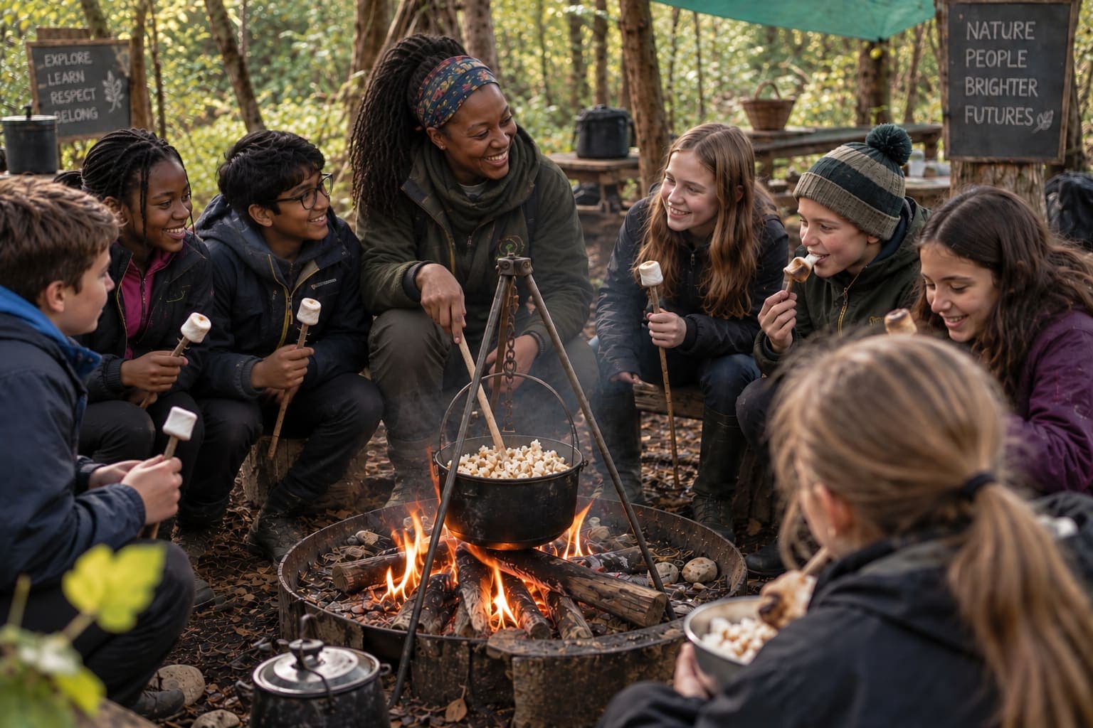 Children toasting marshmallows on sticks around a campfire while popcorn pops in a Dutch oven